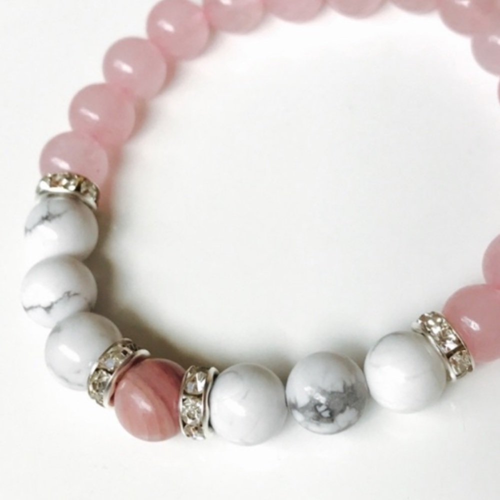 Rose Quartz with Howlite Mala Bracelet Pink White Silver OS